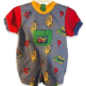 Gymboree Blue Checked Romper with Yellow Trim and Green Snap Placket